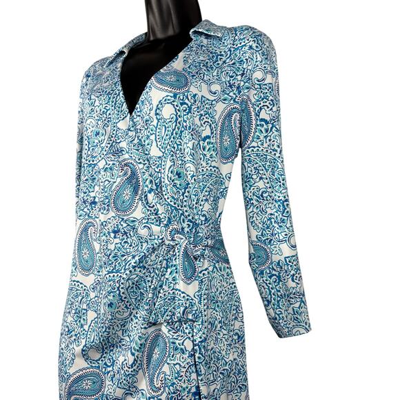 Talbots Paisley Print Wrap Shift Dress 3/4 Sleeve Midi Skirt Blue White - M - Picture 5 of 9